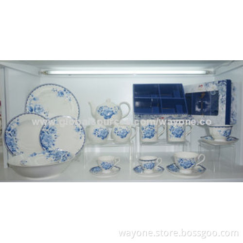 18-piece Porcelain Dinnerware Set, Blue and White Water Painting Design, Round Shape